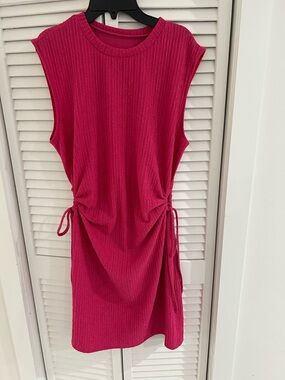 Sleeveless Ruched Swim Coverup Dress in Fuchsia Pink